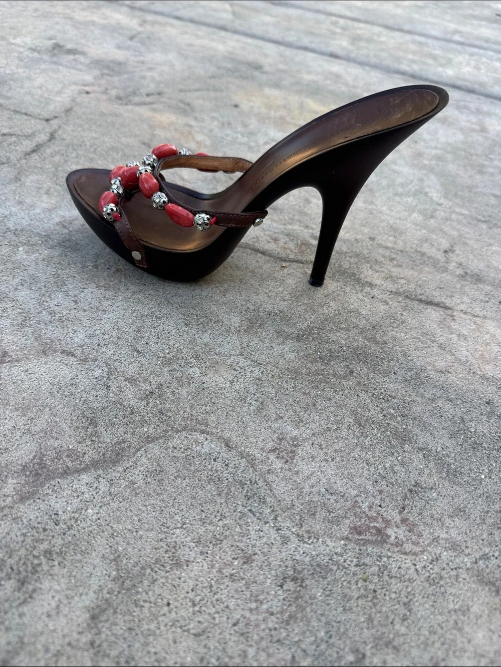 Giuseppe Zanotti Black Stiletto Sandal with Red Bead Embellishments